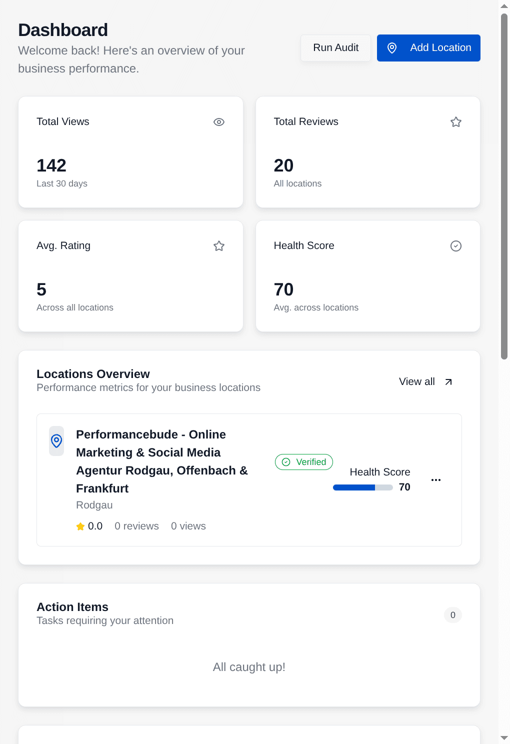 Local SEO Boost Dashboard - Übersicht über Views, Bewertungen und Standorte